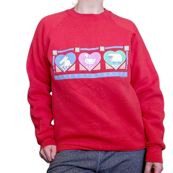 Vintage 90s Red Crewneck Sweatshirt Farm Animals Grandma Grannycore M Red - Picture 10 of 10